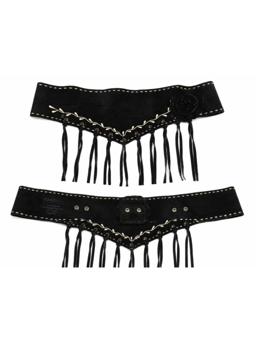 Bebe Black Suede Fringe Belt Embroidered Western Boho Floral Accent OS